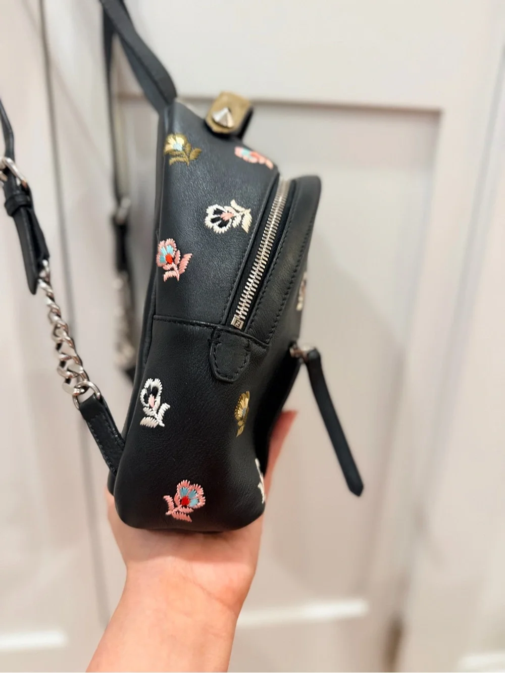 Fendi Black Leather Mini Backpack with Multicolor Floral Embroidery + Dust Bag